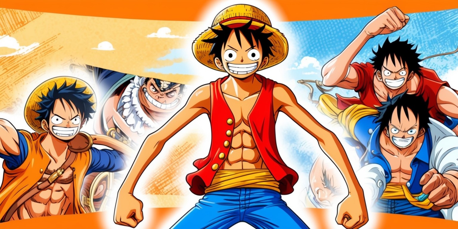 A vibrant and dynamic illustration inspired by the popular Japanese manga series One Piece, featuring Monkey D. Luffy, the main protagonist, in the center, with a bright and energetic facial expression, sporting his iconic straw hat, red vest, and blue jeans, set against a warm and sunny background with subtle hints of orange and yellow hues, with hints of blue and white for the sky and sea, rendered in a classic manga art style with bold lines, expressive poses, and vibrant colors, incorporating subtle textures and patterns to give it a more dynamic and animated feel, with possible inclusion of other beloved characters from the series, such as Roronoa Zoro, Usopp, or Sanji, each with their unique facial features, hairstyles, and attire, showcasing the unique blend of action, humor, and adventure that defines the One Piece universe.