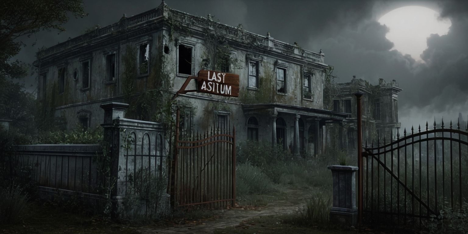 A haunting and deserted asylum scene, set amidst a plague-ridden era, with crumbling walls, overgrown vegetation, and a sense of desolation, the building's facade is weathered, with broken windows, rusty gates, and a crooked sign reading Last Asylum in faded, bold letters, the color palette is muted, with shades of gray, brown, and green, the atmosphere is ominous, with a sense of foreboding, the style is reminiscent of a Victorian-era architectural design, with intricate details, and the overall mood is one of eeriness, and abandonment, the image is set against a somber, cloudy sky, with the sun hidden behind thick, gray clouds, casting a sense of gloom over the entire scene.