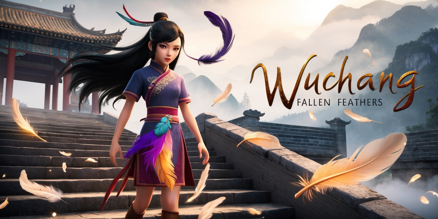 A dramatic scene from the Wuchang Fallen Feathers game, set against a backdrop of ancient Chinese architecture with intricately tiled roofs and mist-shrouded mountains, featuring a young female protagonist with long, flowing black hair and piercing green eyes, wearing a traditional qipao with vibrant, feathery attachments, standing atop a worn, stone staircase, surrounded by scattered, glowing feathers, with a soft, warm light casting a gentle glow on her determined face, and in the distance, a subtle, cursive font displays the game's title, Wuchang Fallen Feathers, in a deep, rich gold color.