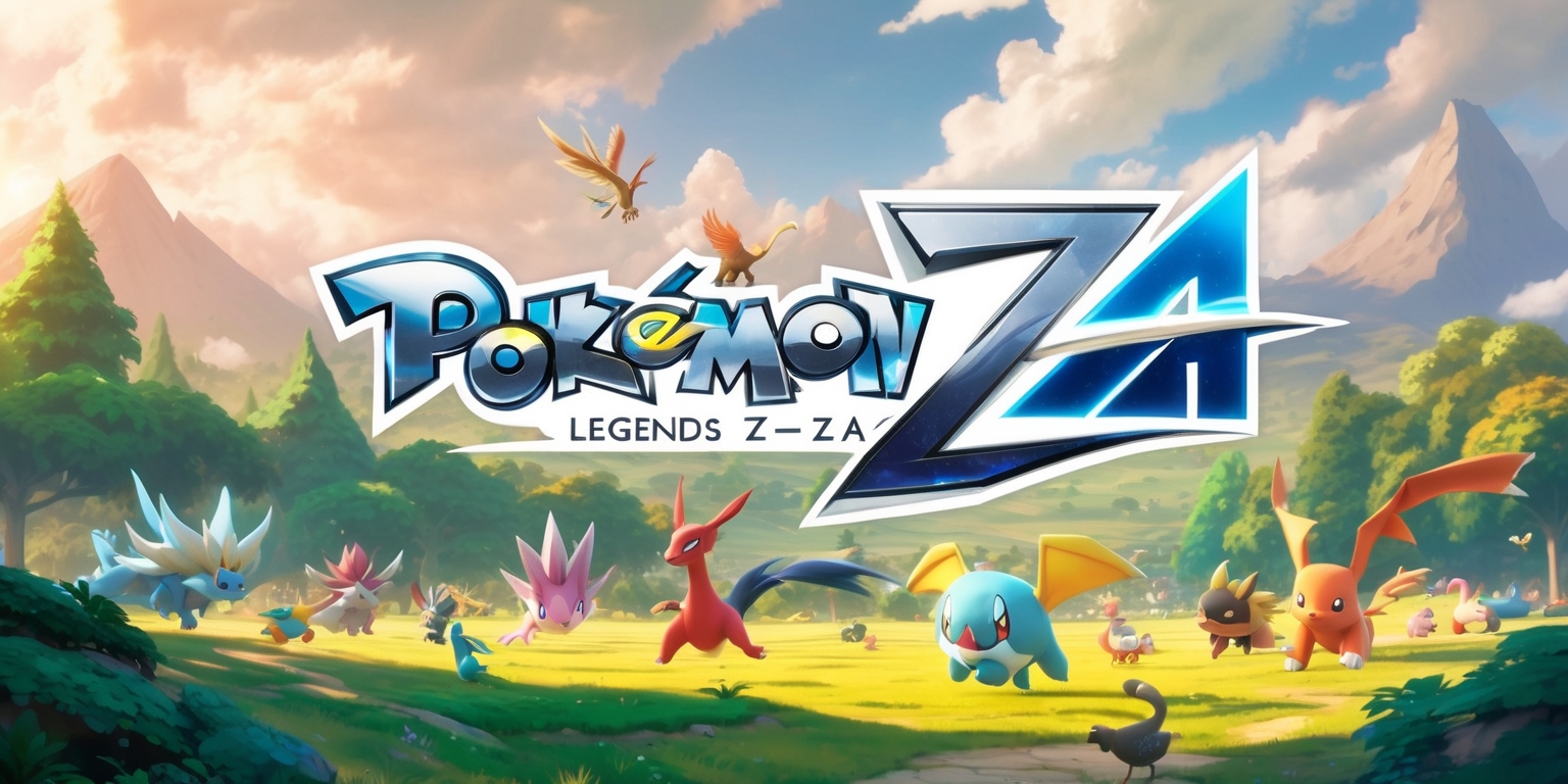 A vibrant scenic landscape depicting the world of Pokémon Legends Z-A, with lush green forests, majestic mountains, and a vast open sky, featuring a diverse range of Pokémon roaming freely, including the legendary Zacian and Zamazenta, set against a warm color palette with soft golden light, the Pokémon and their surroundings meticulously detailed, with a sense of adventure and exploration, the game's logo, a stylized lettering with a futuristic font, prominently displayed in bold silver and blue hues, with the tagline written in a curved line above the logo, in a dynamic cursive script, with the overall composition conveying a sense of excitement and discovery, inviting the viewer to embark on an epic journey through the Pokémon Legends Z-A universe.