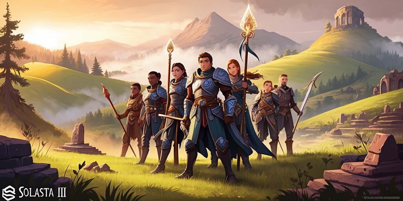 A mystical, high-fantasy illustration depicting a scenic landscape from the world of Solasta II, with rolling hills, ancient forests, and misty mountains in the background, set against a warm, golden sunset with hints of crimson and orange hues. In the foreground, a group of adventurers, each with unique facial features and skin tones, stand heroic, clad in intricately designed armor and wielding magical staffs, swords, and bows, with subtle, shimmering effects suggesting their magical prowess. The atmosphere is one of wonder and discovery, with an air of mystery surrounding the ancient ruins and mysterious artifacts scattered throughout the scene. The style is reminiscent of classic fantasy art, with bold lines, vibrant colors, and a sense of depth and texture, evoking a sense of immersion and adventure.