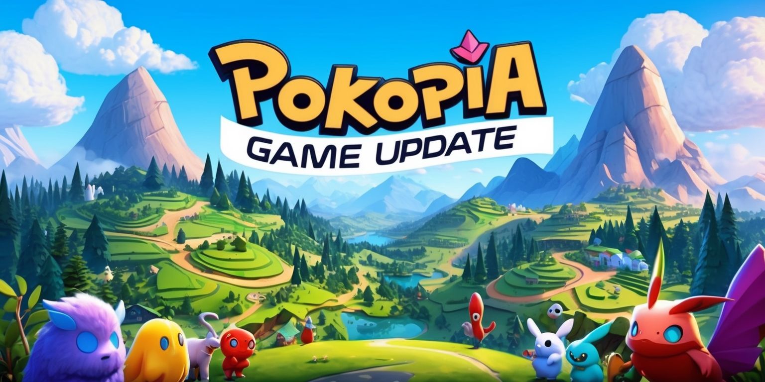 A vibrant digital illustration of a fantasy world map with rolling hills, dense forests, and towering mountains, set against a clear blue sky with fluffy white clouds, for the upcoming Pokopia game update, featuring a variety of colorful Pokopia characters and creatures in the foreground, with a bold, modern, and playful font displaying the words Pokopia game update in a curved line above the scene, with a mix of warm and cool colors, intricate details, and textures, and a sense of excitement and adventure.