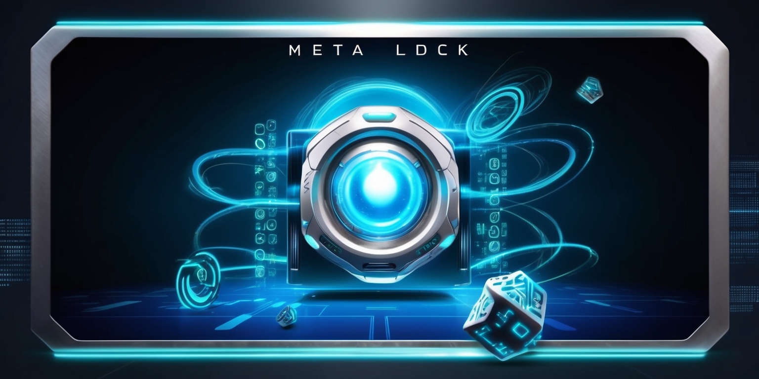 A futuristic, high-tech illustration of the Meta Lock game, set against a dark, gradient blue background that evokes a sense of mystery and innovation. The Meta Lock, a sleek, silver device with glowing blue circuits and a central, pulsing orb, takes center stage, surrounded by swirling, ethereal code streams and cryptic, neon-lit symbols. The overall aesthetic is a blend of sci-fi and cyberpunk elements, with bold, vibrant colors and sharp, geometric lines. In the foreground, a few, cryptic, 3D code fragments float, as if suspended in mid-air, adding an air of intrigue and puzzle-solving to the scene. The entire composition is framed by a subtle, metallic border, with a faint, grid-like pattern, hinting at the game's digital, virtual nature.