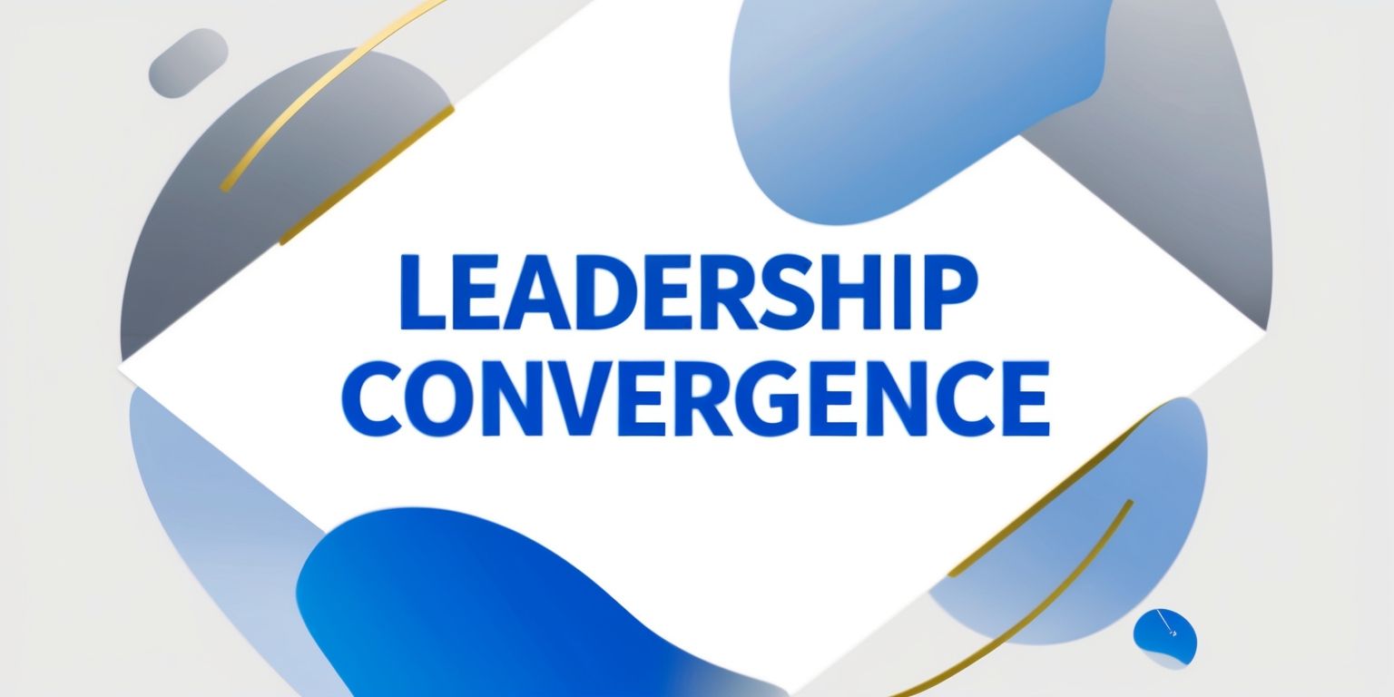 A stylized illustration of a leadership convergence concept, featuring a centered, bold, sans-serif font with the title Leadership Convergence, in a bright, electric blue color, on a clean, white background, surrounded by subtle, muted, gradient shapes in shades of gray and blue, representing the convergence of ideas and people, with a few, strategically-placed, thin, golden lines radiating from the title, symbolizing connection and unity, and a simple, modern, flat design aesthetic, with ample negative space, to convey a sense of clarity, innovation, and forward thinking, and a few, small, discrete, circular icons in the background, in a lighter, sky blue hue, representing diverse perspectives and talents coming together.