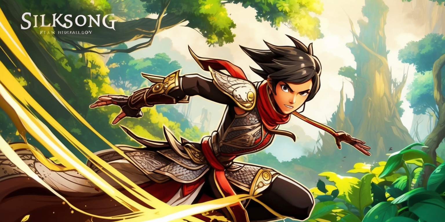 A vibrant illustration of the protagonist from the Silksong game, set against a mystical forest backdrop with lush green foliage and towering trees, featuring a mix of earthy tones and soft, golden lighting, with the character wearing a determined expression, sharp facial features, and a unique, intricately designed outfit, incorporating subtle textures and patterns, with the overall style inspired by action-adventure games and fantasy anime, and a dynamic composition that emphasizes the character's agility and movement.