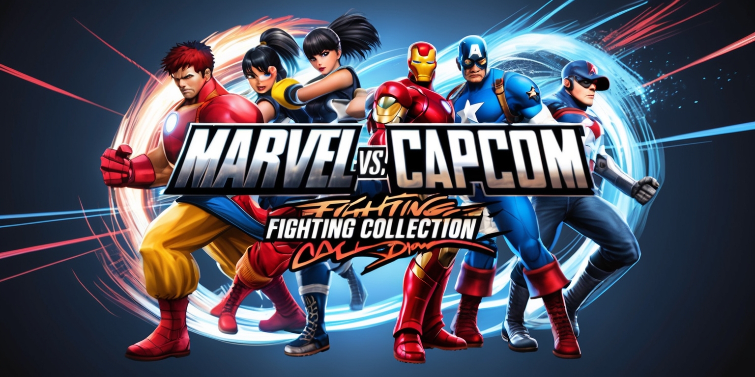 A vibrant, action-packed illustration of the Marvel vs. Capcom Fighting Collection game, featuring a dynamic composition of iconic characters from both universes, such as Ryu, Chun-Li, Iron Man, and Captain America, standing back-to-back in a bold, heroic pose, surrounded by a swirling aura of energy and light, with the game's logo prominently displayed in bold, metallic silver letters, adorned with subtle, graffiti-inspired design elements, set against a dark, gradient blue background, evoking the excitement and intensity of a high-stakes battle, with bold lines, vibrant colors, and a sense of movement and energy that leaps off the page.