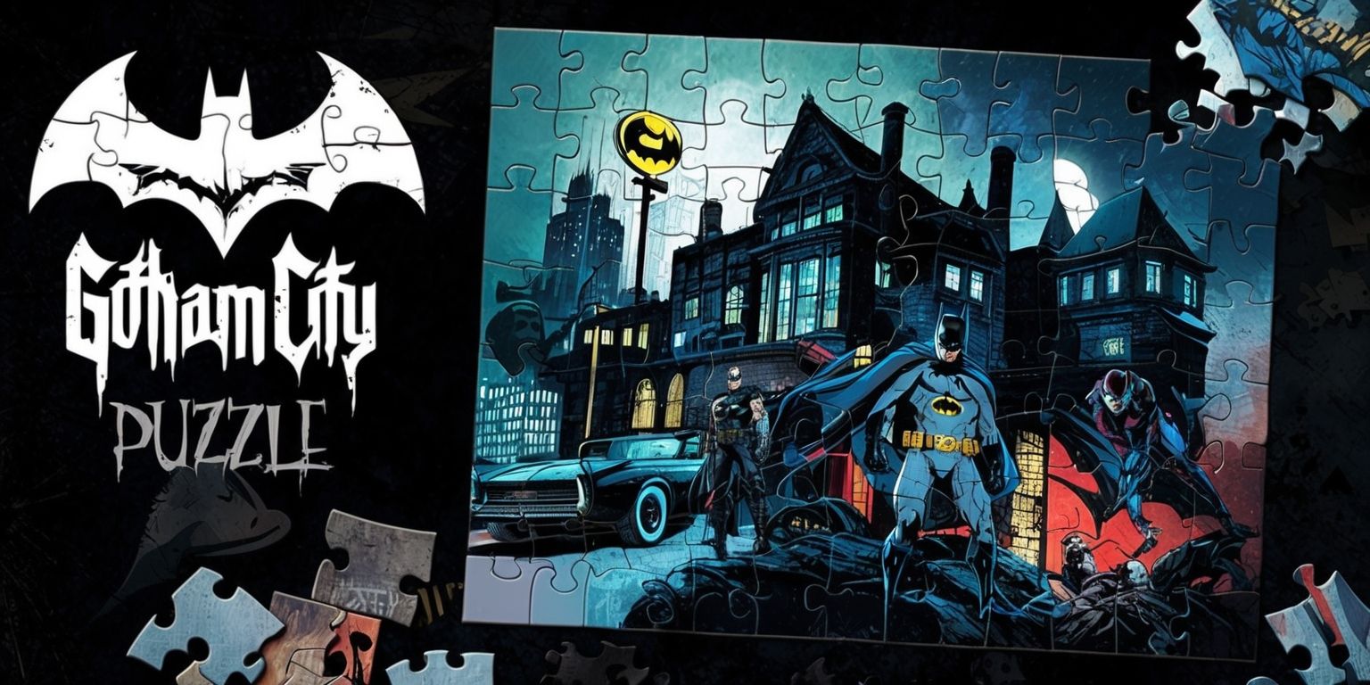 A dark and moody illustration of a Gotham City themed puzzle game, with a large jigsaw puzzle as the central focus, featuring iconic Batman characters and Gotham City landmarks, such as the Bat Signal and Arkham Asylum, with bold and vibrant colors, in a stylized comic book style, with a mix of sharp lines and gritty textures, and a sense of mystery and intrigue, with the puzzle pieces scattered around the edges of the image, and a faint image of the Joker or another villain lurking in the shadows, with a bold and gothic font displaying the game's title in the top left corner, and a faint Bat Symbol in the background.