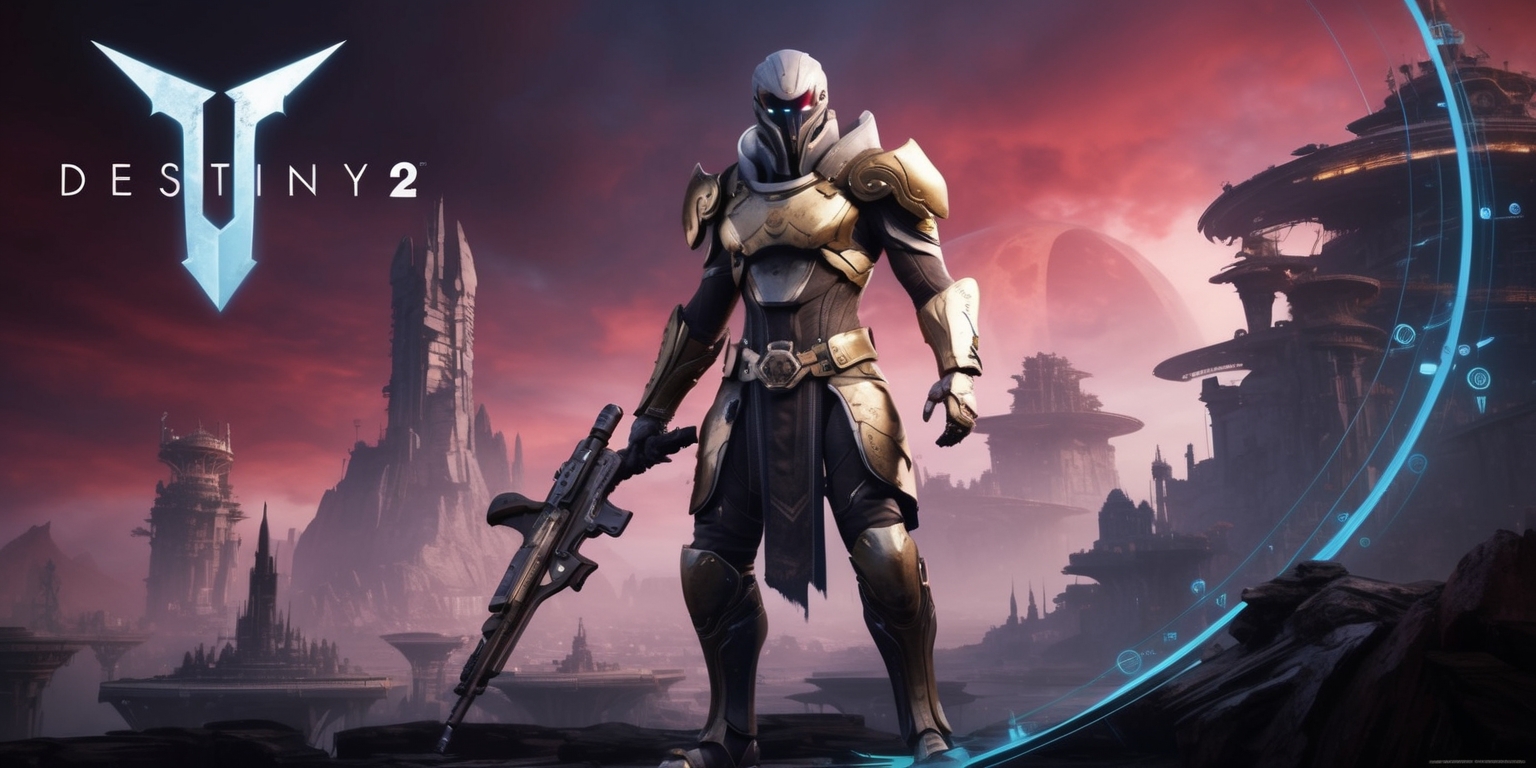 A sci-fi themed digital artwork featuring a dramatic scene from Destiny 2, with a powerful Guardian, possibly a Titan or Warlock, standing heroically in the forefront, clad in intricately designed armor with golden accents and a fusion rifle slung over their shoulder, set against a breathtakingly detailed backdrop of a mysterious, ancient alien cityscape on a distant planet, with towering structures, eerie lighting, and an ominous, crimson-hued sky, while subtle, glowing blue lines and circular patterns adorn the armor and surroundings, evoking a sense of advanced technology and ancient mysticism, with the game's logo, a stylized, silver-colored emblem with a subtle blue glow, prominently displayed in the top-left or top-right corner of the image, and the overall atmosphere exuding a sense of intensity, adventure, and epic scope.