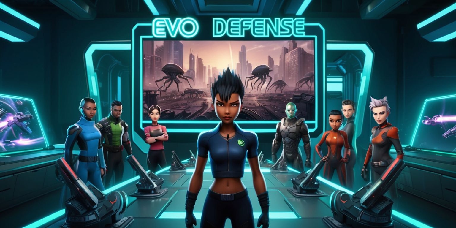 A futuristic scene depicting the Evo Defense game, with a dark blue and neon green color scheme, set in a high-tech laboratory with sleek metallic surfaces and holographic displays, featuring a diverse group of characters with unique facial features and skin tones, including a female protagonist with short spiky hair and a determined expression, standing in front of a massive computer screen displaying a cityscape under attack by alien invaders, with bold, neon-lit text reading Evo Defense in a stylized, futuristic font, and a series of high-tech gadgets and weapons scattered around the room, with a sense of dynamic energy and urgency, as the characters prepare to defend their city against the impending threat.