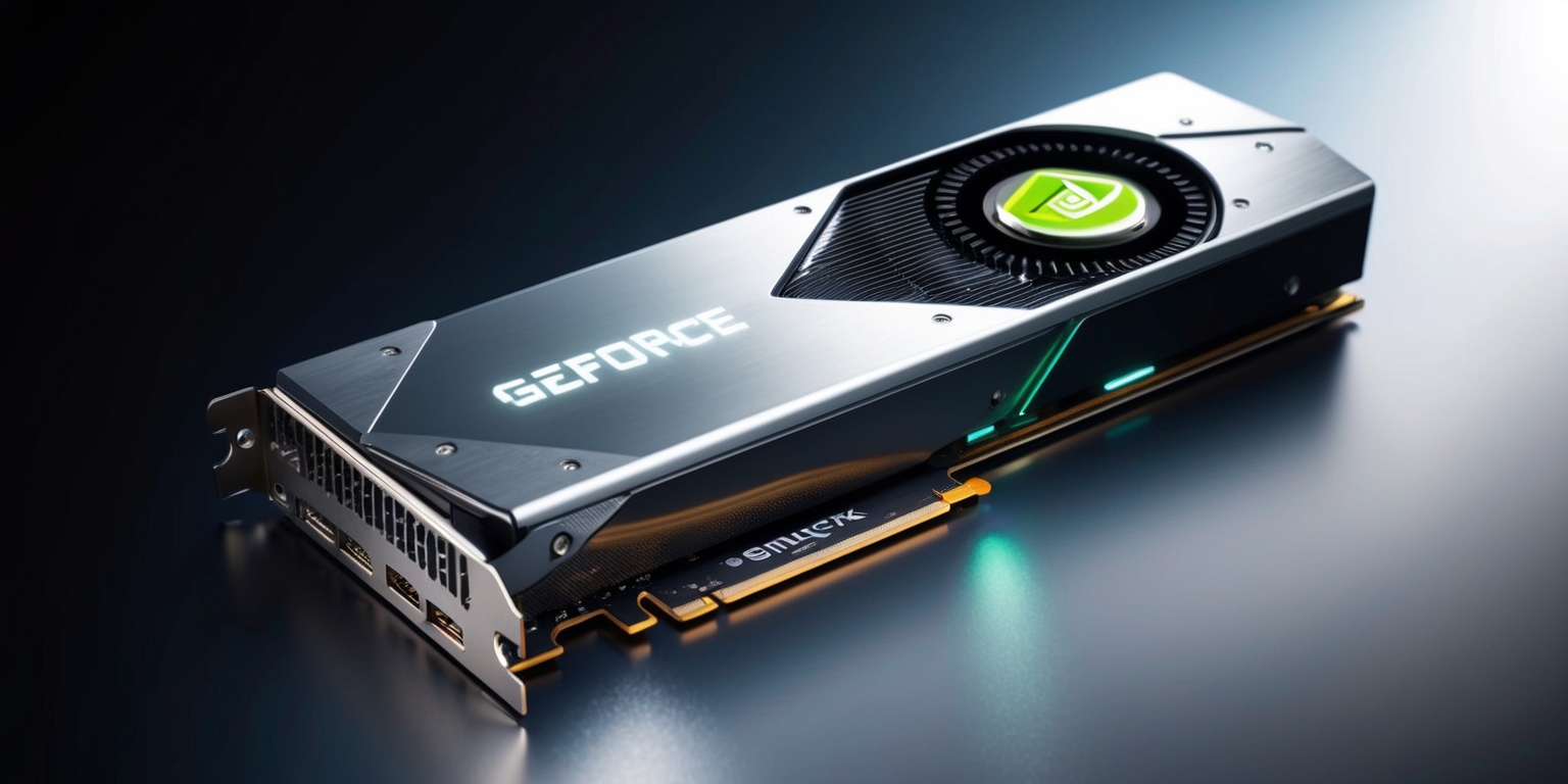 A sleek, high-performance Nvidia GeForce RTX 50-series graphics card is centered in the frame, its metallic body reflecting subtle hints of silver and copper, with intricate circuitry patterns and heat sinks visible beneath a transparent glass or plastic cover, while the signature GeForce logo, emblazoned on the side, gleams in a bold, neon-lit green, surrounded by darker, muted tones that evoke a sense of advanced technology, with subtle LED lights casting a soft glow, set against a dark, gradient blue background that fades to black, evoking a sense of power and sophistication, with a shallow depth of field blurring the edges, further emphasizing the card's cutting-edge design and capabilities.