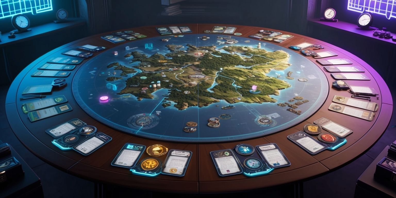 A futuristic board game spread across a sleek wooden table, with a large map of a fictional world at its center, showcasing various landscapes and territories, surrounded by intricately designed game pieces, cards, and four player tokens, each with distinct colors and unique emblems, the atmosphere is dimly lit with a hint of blue and purple neon lights, evoking a sense of advanced technology and strategic planning, with a subtle grid pattern in the background, and a few clocks and time-keeping devices scattered around, emphasizing the time-warp aspect of the game, the overall aesthetic is one of sophisticated sci-fi and intense competition, inviting players to embark on a thrilling adventure through time and space.