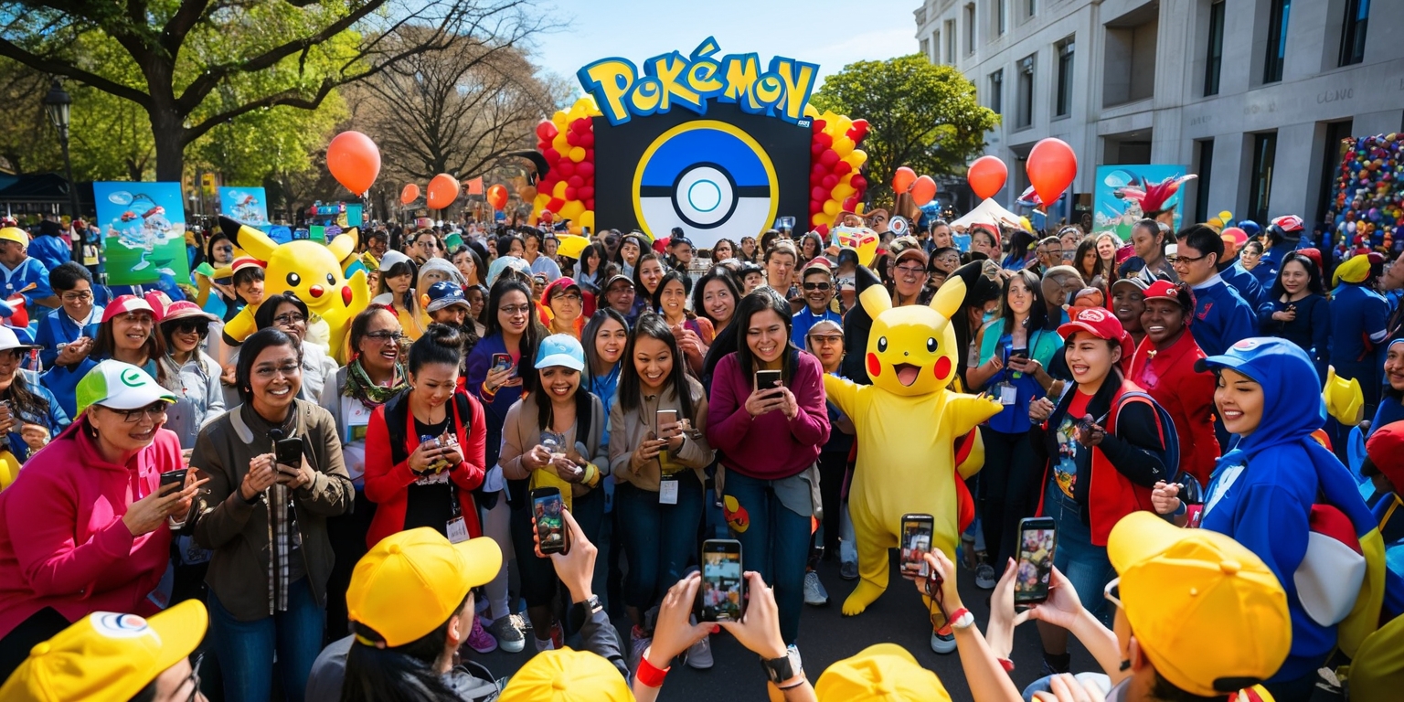 A vibrant and lively scene of people from diverse age groups and ethnicities gathered together, all smiling and excited, with various smartphones in hand, taking part in a Pokémon Go event, set against a sunny day backdrop with trees, buildings, and Pokémon decorations, featuring a mix of Pokémon posters, balloons, and banners in bold colors, while some participants wear Pokémon-themed clothing and accessories, with a few trainers posing for photos with Pokémon costumed characters, and others eagerly interacting with each other, all surrounded by a bustling atmosphere filled with laughter and joy, with the Pokémon Go logo prominently displayed on a large screen or banner in the center.