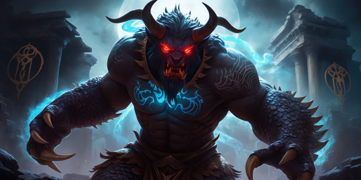 A dark fantasy illustration of the Beast of Reincarnation from a game, with ominous lighting and intense colors, featuring a massive creature with sharp horns, glowing red eyes, and scaly skin, set against a mystical background with ancient ruins and mysterious symbols, the beast's body is adorned with intricate tattoos and markings that glow with a soft blue light, its presence is accompanied by a sense of foreboding and danger, with subtle hints of a mystical aura and an otherworldly energy emanating from its being, the atmosphere is tense and dramatic, with the creature positioned centrally in the frame, dominating the composition.