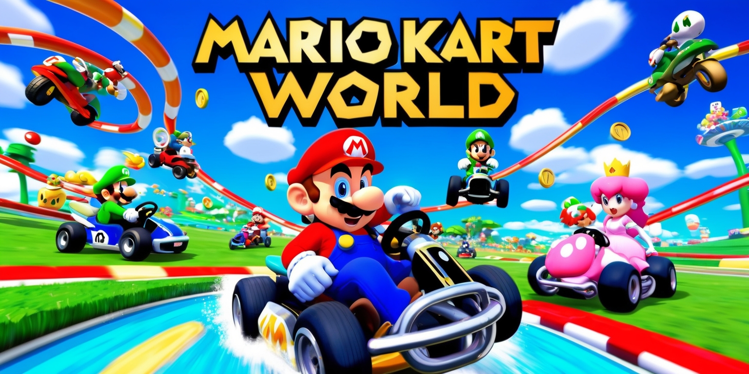 A vibrant and colorful illustration of Mario Kart World, showcasing various iconic characters from the game such as Mario, Luigi, Princess Peach, and Bowser, racing on karts, bikes, or other vehicles through a fantastical and winding track set against a bright blue sky with fluffy white clouds, surrounded by lush green grass, and decorated with Mario-themed obstacles, power-ups, and Coins, with the Mario Kart World logo emblazoned in bold, golden, sans-serif font at the top of the image, with each character's facial features and skin tone accurately represented, and with a dynamic sense of movement and energy captured through speed lines, motion blur, and vibrant color schemes.