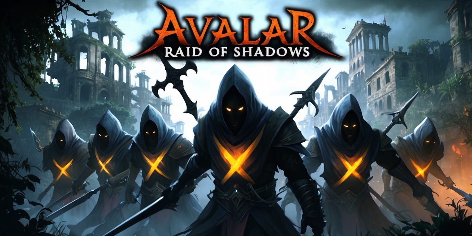 A dark fantasy scene from the Avalar: Raid of Shadows game, with a mystical atmosphere and intricate details, featuring a group of shadowy figures with glowing eyes and sharp weapons, set against a backdrop of a ruined cityscape with crumbling buildings and overgrown vegetation, the color palette is dominated by dark blues and greys, with flashes of fiery oranges and yellows, the characters have unique facial features, with pale skin and menacing expressions, the game's logo is emblazoned in bold, gothic letters at the top of the image, with a subtle, gradient effect to give it a sense of depth and dimensionality, the overall style is reminiscent of a gritty, high-fantasy universe, with a focus on intense action and dramatic lighting.