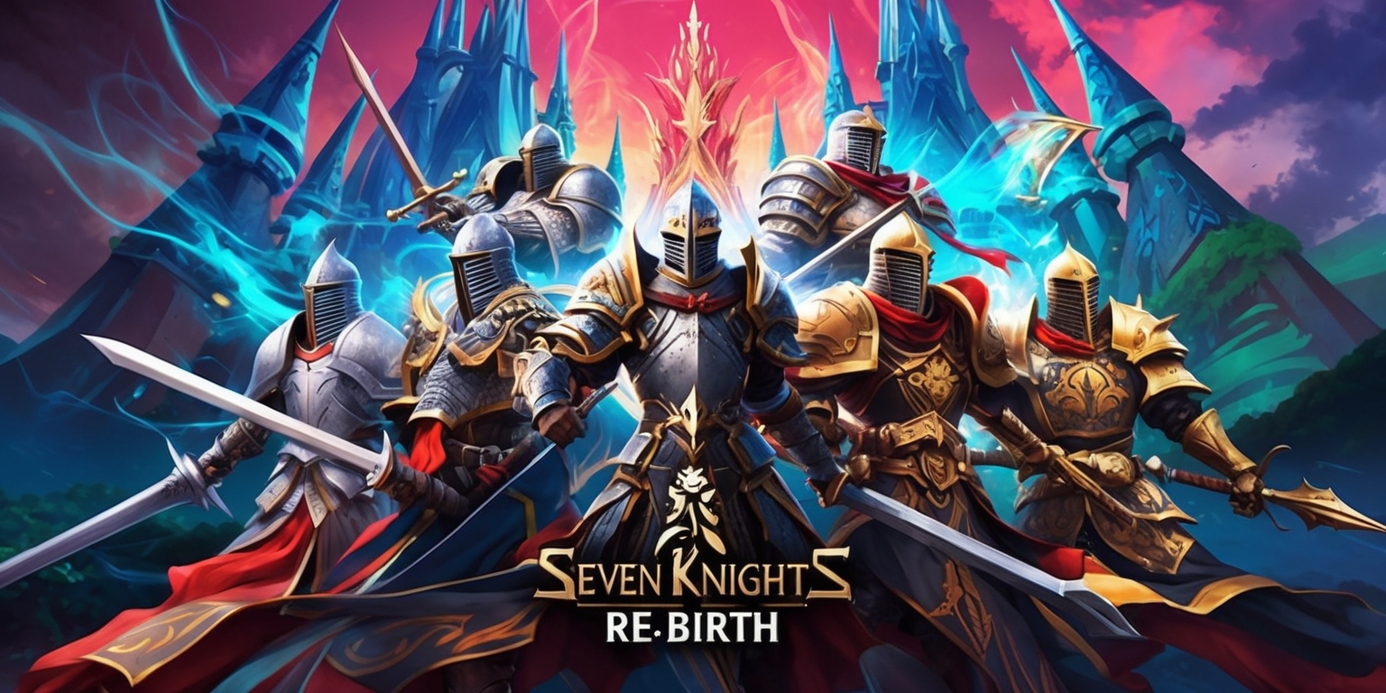 A vibrant fantasy artwork inspired by the Seven Knights Re:Birth game, featuring a group of brave knights with intricate armor and weapons, set against a dramatic backdrop of towering spires and mystical energies, with a bold color palette and dynamic composition, incorporating subtle texture and shading to bring depth and realism to the scene, and including distinctive character designs and symbolic motifs reminiscent of the game's unique visual style and narrative themes.