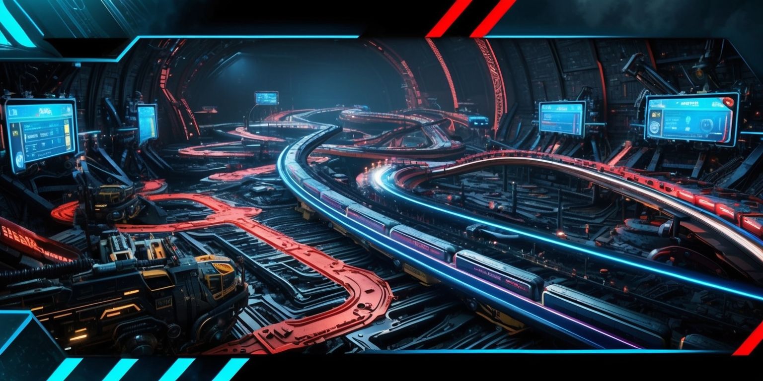 A futuristic scene depicting the World of Iron Paths game, set against a dark metallic background with neon blue and red accents, featuring a sprawling network of iron pathways and structures, with sleek, high-tech trains and machines whizzing by, and large, glowing screens displaying game information and statistics, surrounded by intricate, industrial-style details and machinery, with bold, metallic textures and sharp, futuristic lines, and a sense of dynamic energy and movement, capturing the essence of a high-tech, immersive gaming experience.