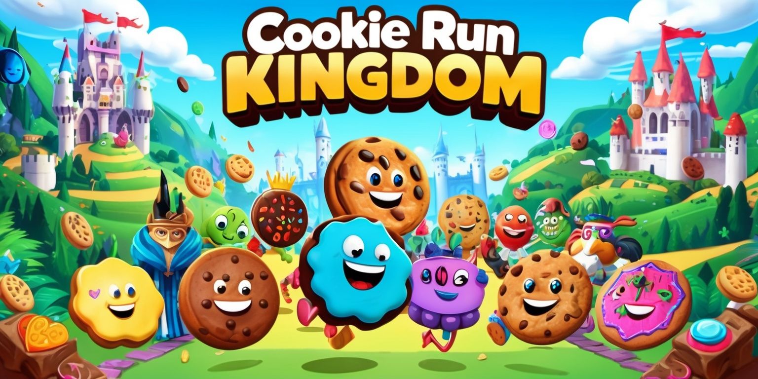 A vibrant digital illustration of the Cookie Run Kingdom game, featuring a variety of colorful cookies as main characters, each with unique facial features and accessories, set against a bright and fantastical kingdom background with rolling hills, towering castles, and lush greenery, with a clear blue sky and fluffy white clouds, incorporating a mix of medieval and modern architectural elements, and populated with various game-related objects and symbols, such as cookies, jewels, and treasures, with bold lines, intricate details, and a sense of excitement and adventure, showcasing the game's distinct art style and aesthetic, with a focus on the cookies and their kingdom, highlighting their individual personalities and traits.