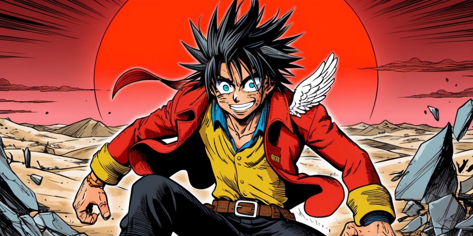 A detailed illustration of Vash the Stampede from the Trigun manga series, set against a desert landscape with a prominent red sun in the background, rendered in a stylized manga art style with bold lines, vibrant colors, and dynamic textures, featuring Vash with his signature red coat, black pants, and yellow shirt, his spiky hair messy and unkempt, his bright blue eyes gleaming with a mix of humor and intensity, his face weathered from years of living in the harsh desert environment, with his iconic Angel Arm visible on his right arm, surrounded by subtle hints of destruction and chaos in the form of shattered rocks and debris, with a sense of energy and movement conveyed through the composition and character pose.