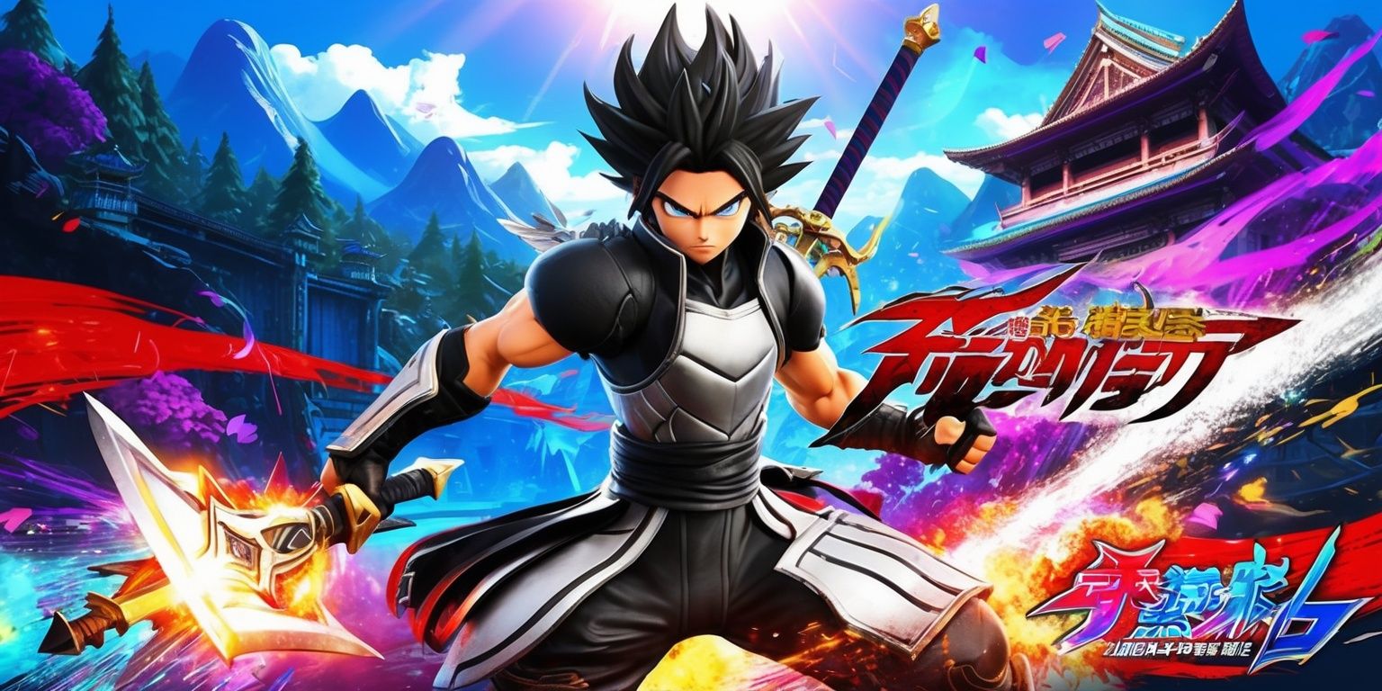A vibrant anime-inspired action-RPG game scene with a dynamic layout, featuring a bold color palette with shades of blue, red, and purple, set against a stylized background of mystical mountains and ancient forests, with intricate details and textures, and a mix of Asian-inspired architecture and futuristic elements, showcasing a heroic protagonist with spiky black hair, piercing green eyes, and a determined expression, wearing a sleek black and silver costume with metallic accents, armed with a glowing sword and shield, posed in a powerful stance, surrounded by magical effects, explosions, and swirling particles, with Japanese-inspired typography and logos in a futuristic font style, and a sense of energetic movement and action, capturing the essence of an immersive gaming experience.