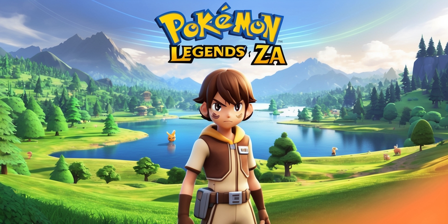 A scenic landscape from the Pokémon Legends: Z-A game, with a vibrant and mystical aura, featuring a sprawling open world with lush green forests, majestic mountains, and serene lakes, set against a warm and inviting light, with a few Pokémon roaming freely in the distance, and in the foreground, a young trainer with a determined expression, short brown hair, and a few scars on their cheeks, wearing a sleek brown and beige outfit, with a utility belt and a Pokedex in hand, standing heroically with their feet shoulder-width apart, and a few Poké Balls scattered around them, with the Pokémon Legends: Z-A logo emblazoned prominently in bold, golden font at the top of the image, and a subtle gradient effect that shifts from blue to orange towards the horizon.