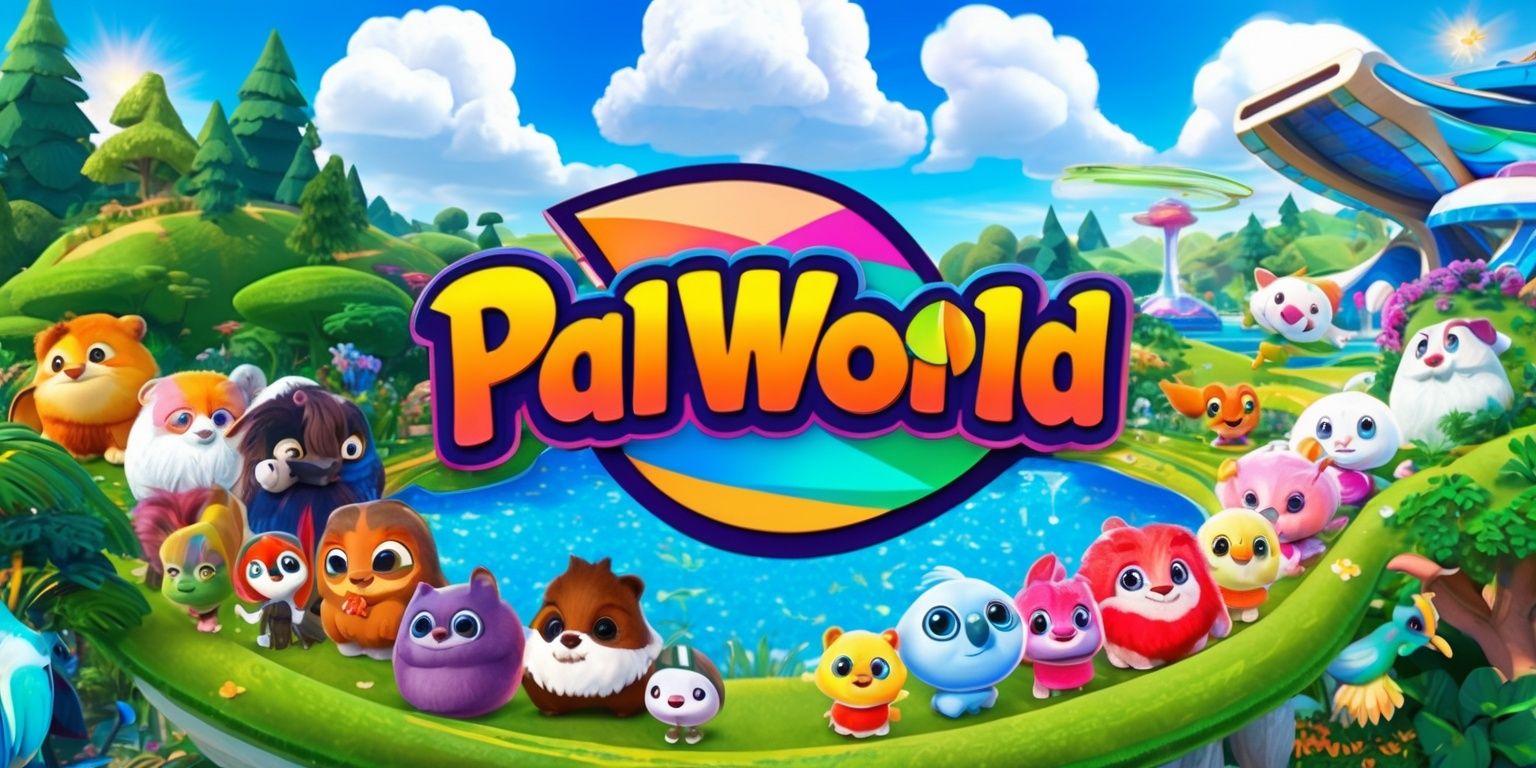 A vibrant and colorful digital illustration depicting the fantastical world of Palworld, with lush green forests, rolling hills, and sparkling blue waters, featuring a variety of adorable and unique Pals, each with distinctive facial features, skin colors, and attributes, set against a bright and sunny sky with fluffy white clouds, with a mix of modern and natural elements, including sleek architecture and futuristic technology, and incorporating the game's logo, a stylized and bold font with a palette of bright colors, prominently displayed in the center of the image, with a sense of wonder and adventure, and a dynamic composition that showcases the game's exciting and imaginative universe.