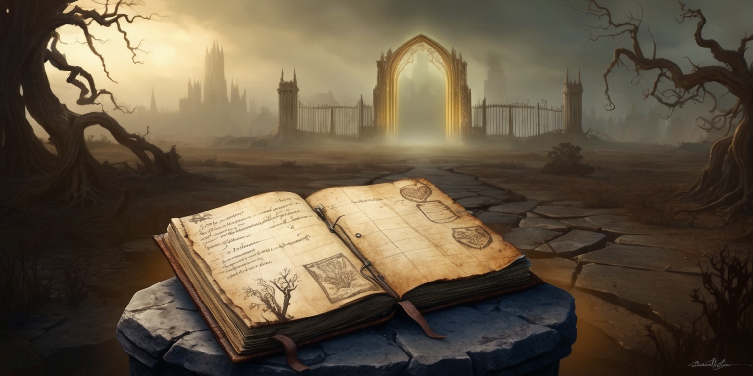 A sweeping landscape of the post-apocalyptic world of Cyrodiil, with a worn, leather-bound journal lying open on a stone pedestal, adorned with cryptic notes and sketches of ancient ruins, as the faint glow of the Oblivion gates illuminates the darkening horizon, with a subtle, eerie mist rising from the cracked earth, set against a backdrop of crumbling, gothic-inspired architecture and twisted, withered trees, all rendered in a rich, muted color palette with warm, golden undertones, evoking a sense of foreboding and mystique.