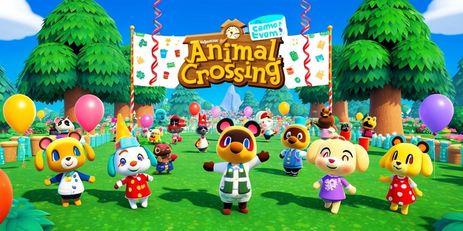 A vibrant and colorful scene depicting a festive game event from the Animal Crossing series, set in a lush green meadow surrounded by tall trees, with various adorable characters from the game attending, including Tom Nook, K.K. Slider, and Isabelle, all with distinct facial features and colorful outfits, amidst a lively atmosphere filled with balloons, streamers, and a large banner featuring the game's logo in a bold, red font, with a bright blue sky in the background and a few fluffy white clouds, capturing the essence of a joyful celebration in the world of Animal Crossing.
